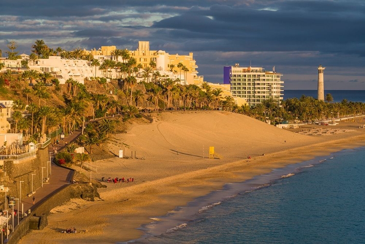 Picture of CANARY ISLANDS-FUERTEVENTURA ISLAND-MORRO JABLE-HIGH ANGLE VIEW OF PLAYA DE LA CEBADA BEACH-SUNSET