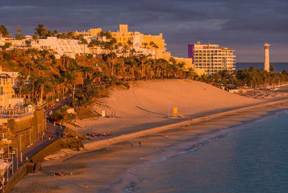 Picture of CANARY ISLANDS-FUERTEVENTURA ISLAND-MORRO JABLE-HIGH ANGLE VIEW OF PLAYA DE LA CEBADA BEACH-SUNSET