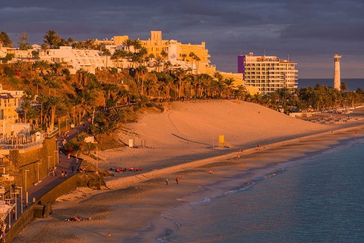 Picture of CANARY ISLANDS-FUERTEVENTURA ISLAND-MORRO JABLE-HIGH ANGLE VIEW OF PLAYA DE LA CEBADA BEACH-SUNSET