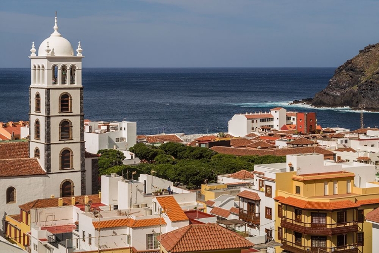 Picture of CANARY ISLANDS-TENERIFE ISLAND-GARACHICO-ELEVATED TOWN VIEW WITH THE IGLESIA DE SANTA ANA CHURCH