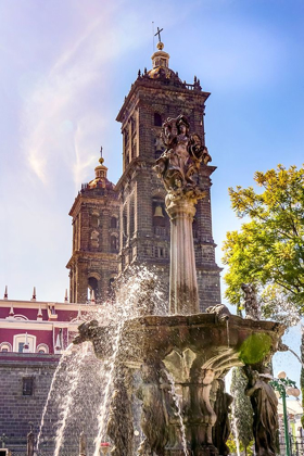 Picture of SUN RAYS ZOCALO PARK PLAZA SAN MIGUEL ARCHANGEL FOUNTAIN CATHEDRAL PUEBLA-MEXICO 