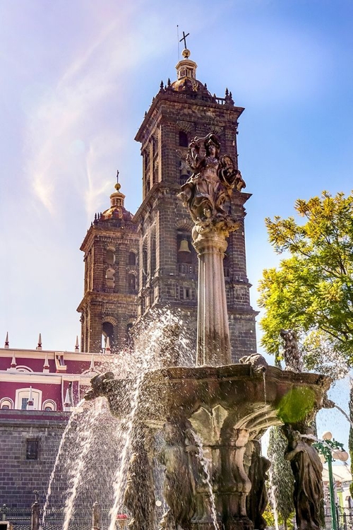 Picture of SUN RAYS ZOCALO PARK PLAZA SAN MIGUEL ARCHANGEL FOUNTAIN CATHEDRAL PUEBLA-MEXICO 