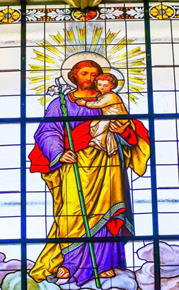 Picture of COLORFUL SAINT JOSEPH FATHER BABY JESUS LILY STAINED GLASS CATHEDRAL PUEBLA-MEXICO 
