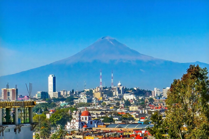 Picture of OVERLOOK BUILDINGS CHURCHES CITYSCAPE VOLCANO MOUNT POPOCATEPETL-PUEBLA-MEXICO