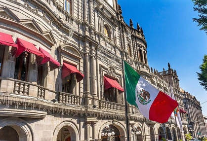 Picture of MEXICAN FLAG MAJOR SHOPPING STREET GOVERNMENT BUILDINGS HOTEL ZOCALO-PUEBLA-MEXICO
