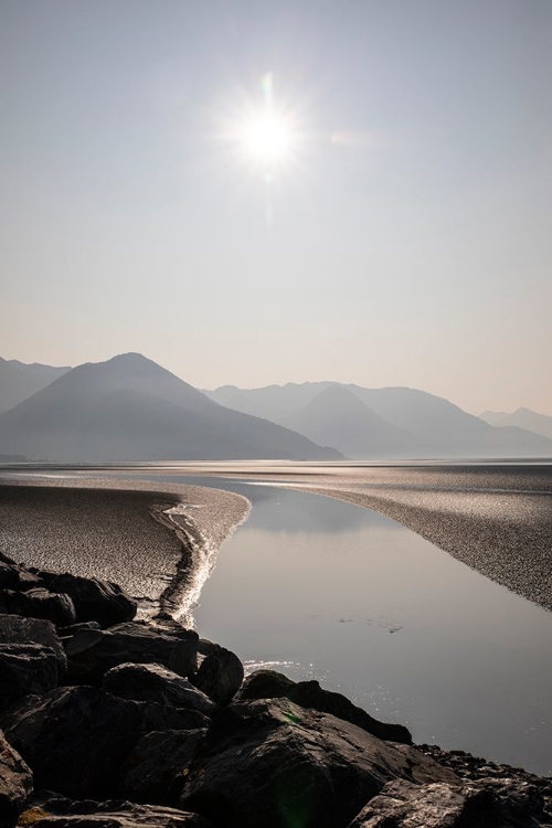 Picture of COOK INLET-ALASKA-CURVED STREAM-MOUNTAINS-BLACK AND WHITE-SUNBURST