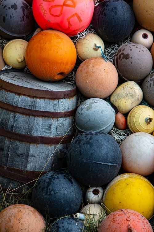 Picture of HOMER-ALASKA-MULTI-COLORED BUOY AND A WINE BARREL