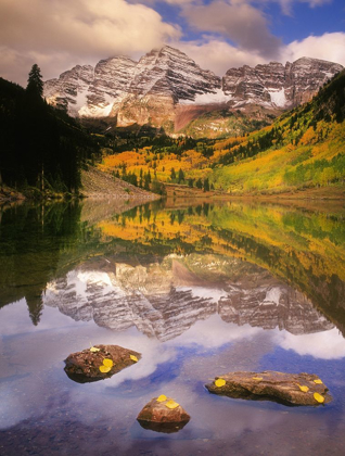 Picture of FALL MORNING AT THE MAROON BELLS IN THE ROCKY MOUNTAINS NEAR ASPEN COLORADO