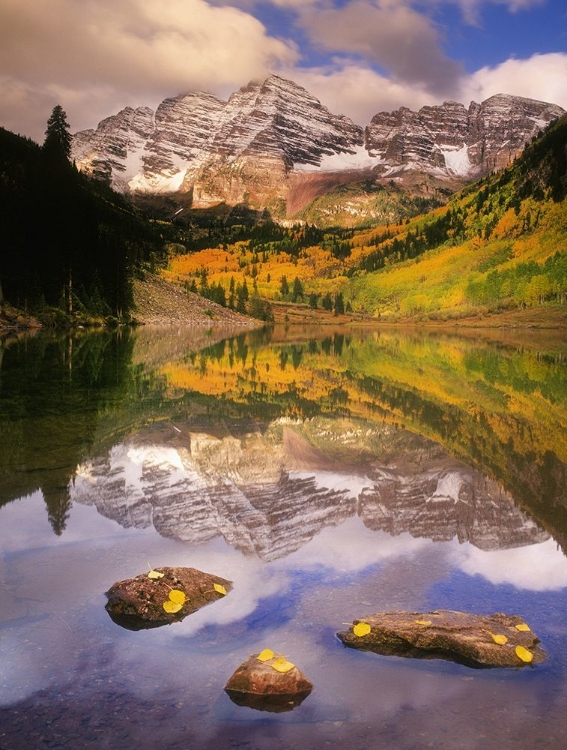 Picture of FALL MORNING AT THE MAROON BELLS IN THE ROCKY MOUNTAINS NEAR ASPEN COLORADO