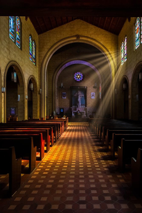 Picture of GOLDEN LIGHT OF SUNRAYS COMING INTO THE STAINED GLASS WINDOWS OF ST LEOS ABBEY IN FLORIDA