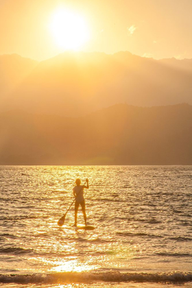 Picture of HAWAII-KAUAI-HANALEI BAY WITH PADDLE BOARDER AT SUNSET