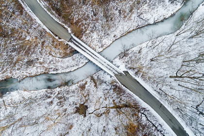 Picture of AERIAL VIEW OF WINTER FOREST-BRIDGE-AND CREEK STEPHEN A FORBES STATE PARK-MARION COUNTY-ILLINOIS