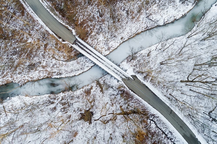 Picture of AERIAL VIEW OF WINTER FOREST-BRIDGE-AND CREEK STEPHEN A FORBES STATE PARK-MARION COUNTY-ILLINOIS