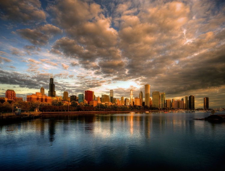 Picture of CHICAGO SKYLINE SHIMMERS AT SUNRISE OVER LAKE MICHIGAN