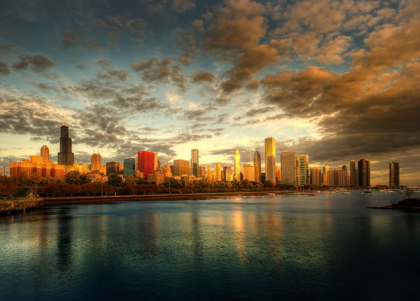 Picture of CHICAGO SKYLINE OVER LAKE MICHIGAN AS SUNRISE ENTERS A NEW DAY