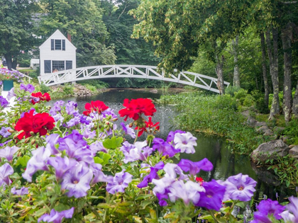 Picture of MAINE SOMESVILLE BRIDGE IN ACADIA NATIONAL PARK WITH PETUNIAS AND GERANIUMS IN THE FOREGROUND