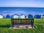 Picture of BENCH ON LAWN WITH BEACH HUTS IN BACKGROUND