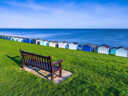 Picture of BENCH ON LAWN WITH BEACH HUTS IN BACKGROUND