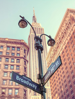 Picture of STREET LAMP AND STREET SIGNS WITH EMPIRE STATE BUILDING IN BACKGROUND - NEW YORK