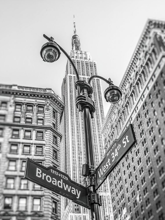 Picture of STREET LAMP AND STREET SIGNS WITH EMPIRE STATE BUILDING IN BACKGROUND - NEW YORK