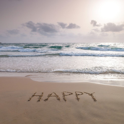 Picture of SAND WRITING - WORD HAPPY WRITTEN ON BEACH