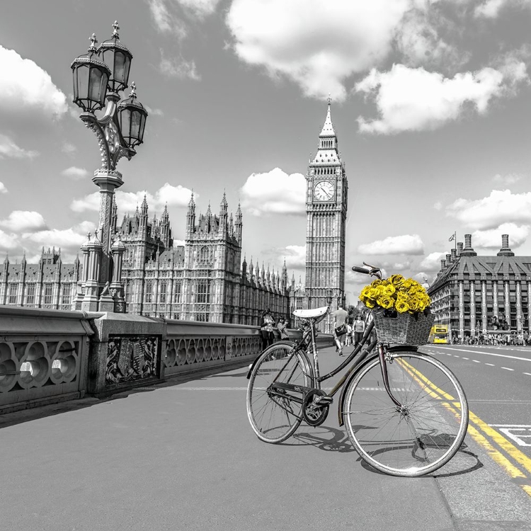 Picture of BICYCLE WITH BUNCH OF FLOWERS ON WESTMINSTER BRIDGE-LONDON-UK