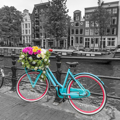 Picture of BICYCLE WITH BUNCH OF ROSES ON BRIDGE-AMSTERDAM