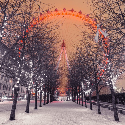 Picture of LONDON EYE AT NIGHT WITH TREES IN THE FOREGROUND LIT WITH LIGHTS AND SNOW ON THE PATHWAY-LONDON-UK