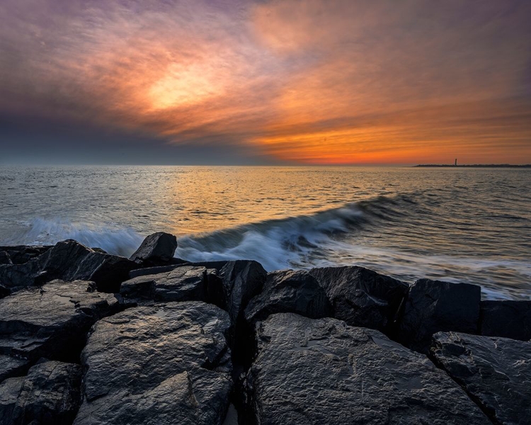 Picture of NEW JERSEY-CAPE MAY NATIONAL SEASHORE SUNSET ON OCEAN AND ROCKS 