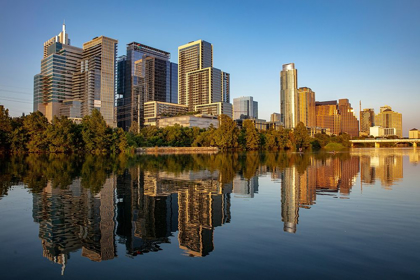 Picture of CITY SKYLINE REFLECTS IN THE COLORADO RIVER IN AUSTIN-TEXAS-USA