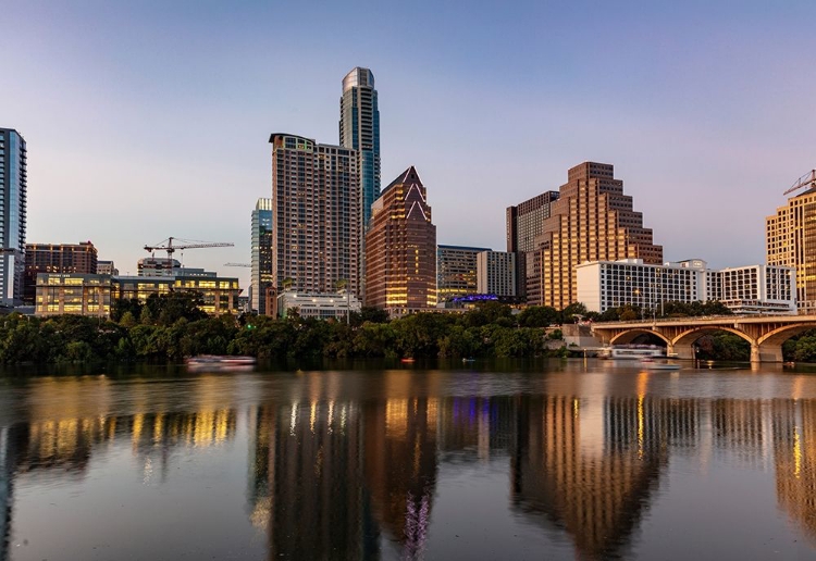 Picture of CITY SKYLINE REFLECTS IN THE COLORADO RIVER IN AUSTIN-TEXAS-USA