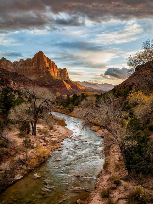 Picture of UTAH-ZION NATIONAL PARK-SUNSET LIGHTS UP THE WATCHMAN AND THE VIRGIN RIVER