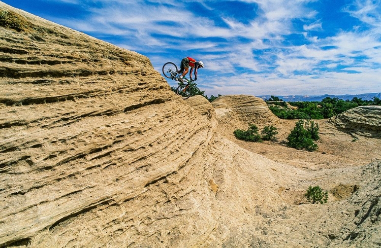 Picture of MOUNTAIN BIKER BALANCES COURAGE AND DANGER AND ATTEMPTING TO AVOID CRASH ON RED ROCK-UTAH-USA (MR)