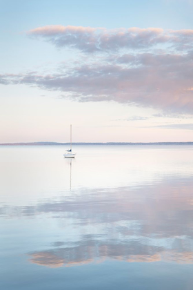 Picture of SAILBOAT AND MORNING CLOUDS REFLECTED IN CALM WATERS OF BELLINGHAM BAY-WASHINGTON STATE