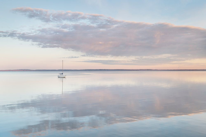 Picture of SAILBOAT AND MORNING CLOUDS REFLECTED IN CALM WATERS OF BELLINGHAM BAY-WASHINGTON STATE