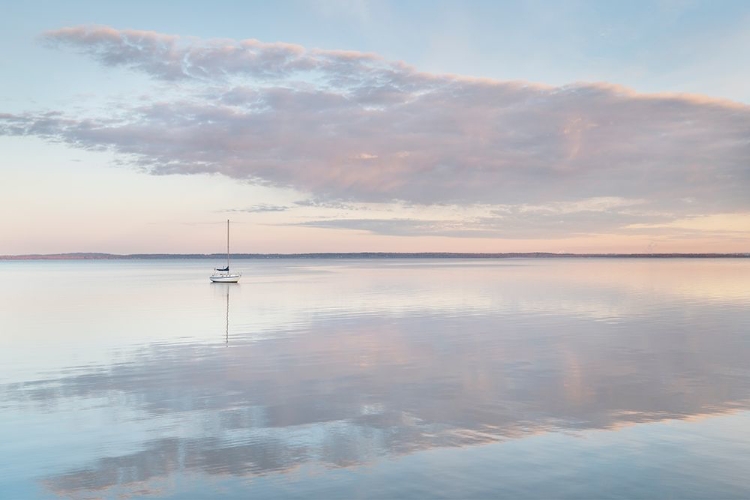 Picture of SAILBOAT AND MORNING CLOUDS REFLECTED IN CALM WATERS OF BELLINGHAM BAY-WASHINGTON STATE