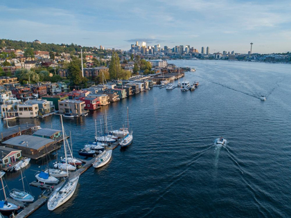 Picture of AERIAL VIEW OF SAILBOATS AND HOUSEBOATS ON LAKE UNION WITH DOWNTOWN SEATTLE IN THE BACKGROUND