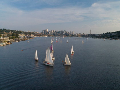 Picture of AERIAL VIEW OF SAILBOATS RACING ON LAKE UNION IN THE EVENING WITH THE SEATTLE SKYLINE