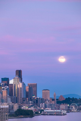 Picture of DOWNTOWN SEATTLE WITH A FULL MOON RISING IN THE EVENING SKY-SEATTLE-WASHINGTON STATE