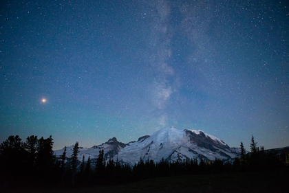 Picture of THE LIGHTS OF CLIMBERS CAN BE SEEN ON THE MOUNTAIN AS THE MILKY WAY RISES BEHIND MT RAINIER