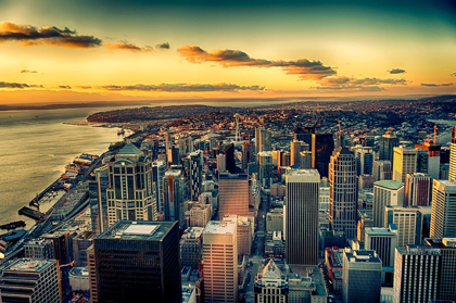 Picture of WASHINGTON STATE-SEATTLE DUSK ON THE SEATTLE SKYLINE AND ELLIOT BAY