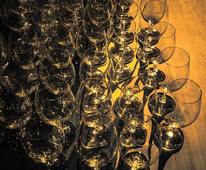 Picture of WASHINGTON STATE-WALLA WALLA PATTERN OF EMPTY WINE GLASSES IN RICH SUNLIGHT ON WOODEN TABLE