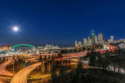 Picture of WASHINGTON STATE-SEATTLE FULL MOON OVER DOWNTOWN