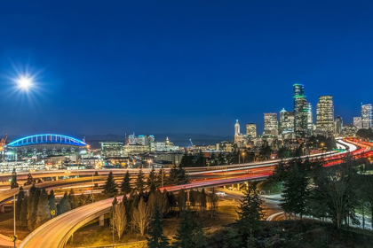 Picture of WASHINGTON STATE-SEATTLE FULL MOON OVER DOWNTOWN