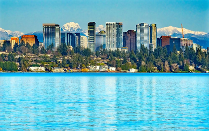 Picture of HIGH-RISE BUILDINGS-LAKE WASHINGTON AND SNOWCAPPED CASCADE MOUNTAINS-BELLEVUE-WASHINGTON STATE