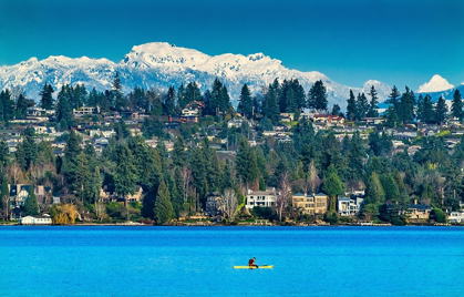 Picture of YELLOW CANOE AND HOUSES-LAKE WASHINGTON AND SNOWCAPPED CASCADE MOUNTAINS-BELLEVUE-WASHINGTON STATE