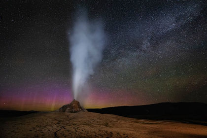Picture of WYOMING-YELLOWSTONE NATIONAL PARK AURORA AND MILKY WAY ABOVE ERUPTING WHITE DOME GEYSER 