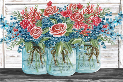 Picture of RED, WHITE AND BLUE JARS WITH  WHITE FLOWERS