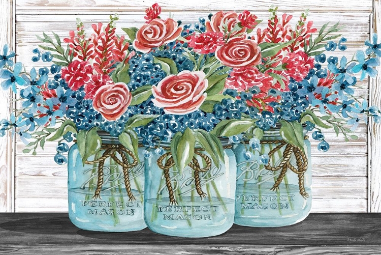 Picture of RED, WHITE AND BLUE JARS WITH  WHITE FLOWERS