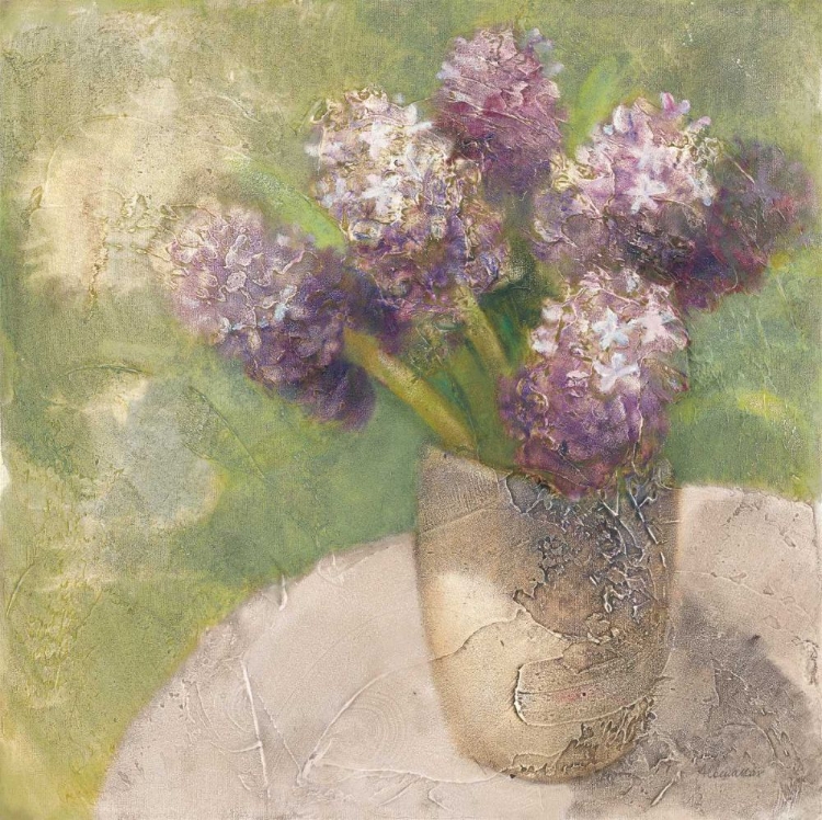 Picture of PURPLE HYACINTHS IN VASE GREEN
